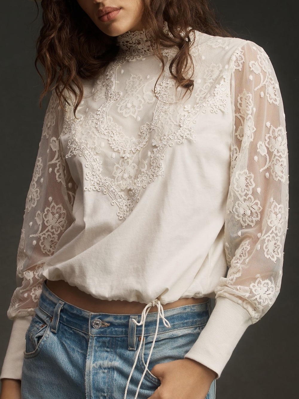 Anthropologie Tiny Oriana Long-Sleeve Lace Top Ivory Victorian Style NWOT Size S
